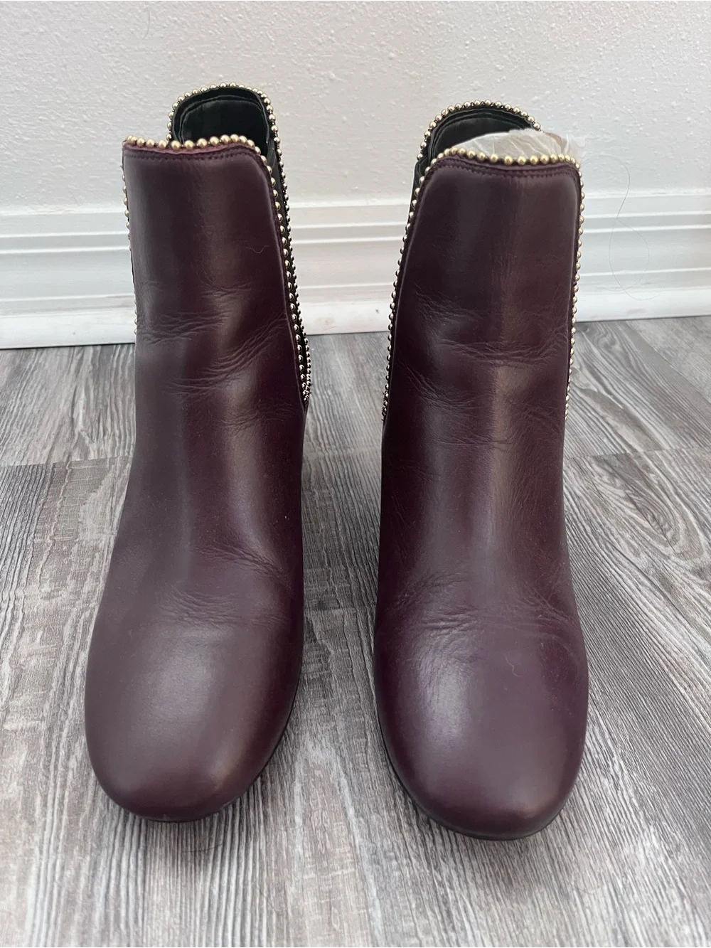 Coach Women's Burgundy Leather Ankle Booties with Gold Stud Trim